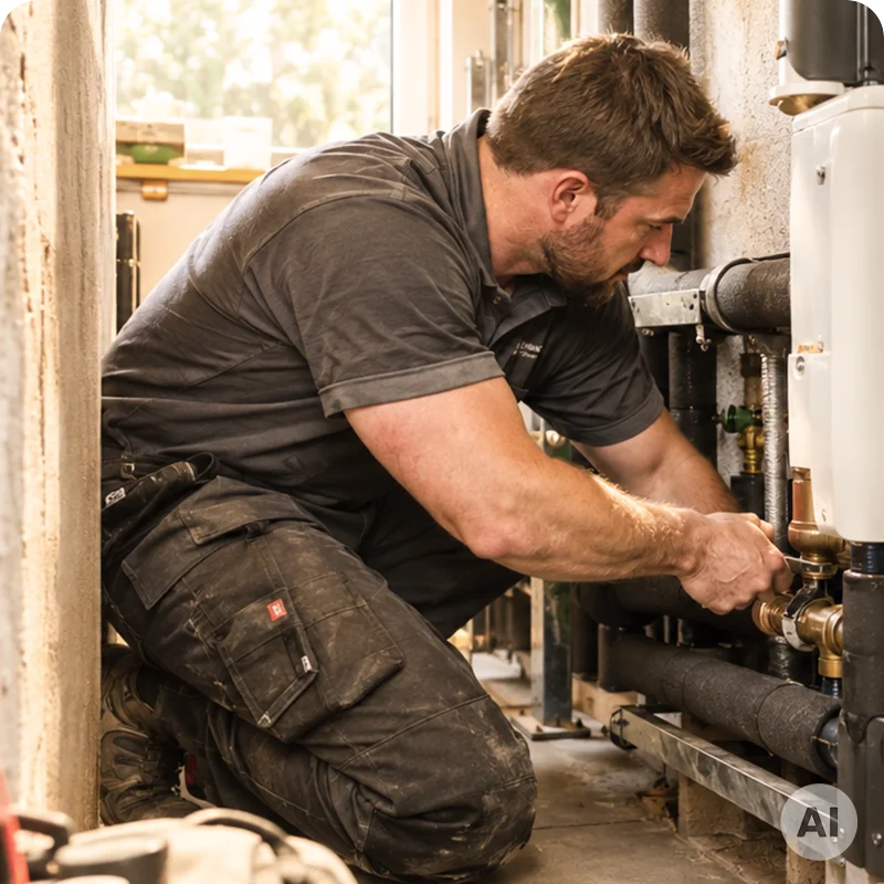 Ein Installateur kniet am Boden und installtiert eine Wärmepumpe