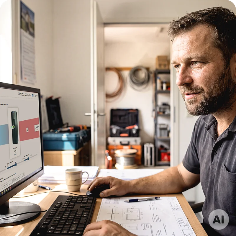Installateur sitzt vor einem Monitor und nutzt ein alpha innotec Tool