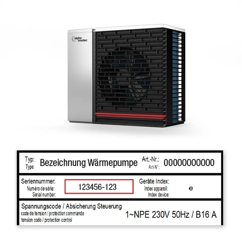 A type plate on the heat pump shows the serial number