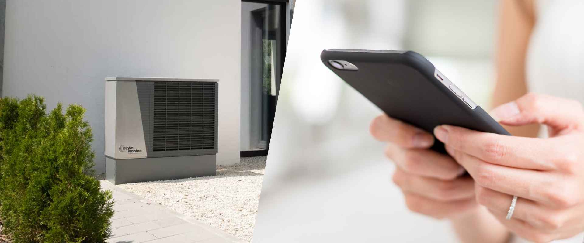 The photo consists of two halves. On the right side there is a heat pump on white decorative gravel in front of a new building and a small bush on its left side. On the right side of the photo, there are hands of a woman holding a cell phone.