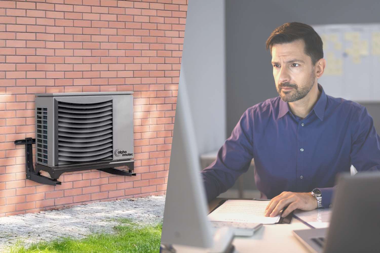 The photo is divided into left and right as on the left, there is a heat pump installed on a wall and on the right side, there sits a man working on a laptop. 
