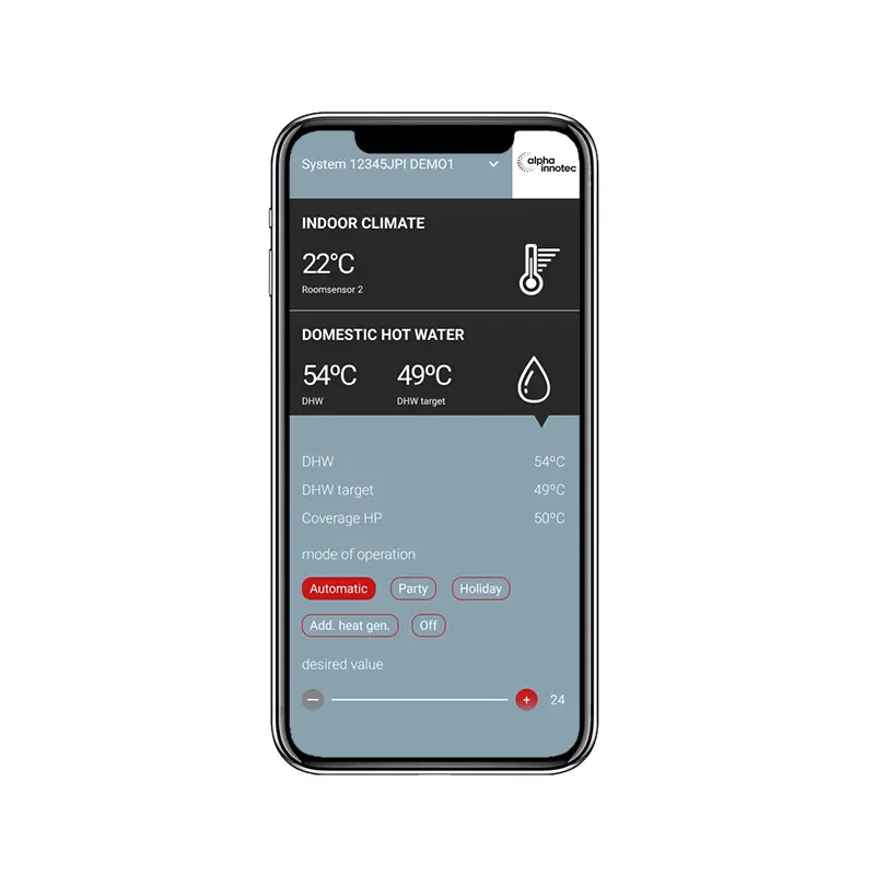 A smartphone showing the remote maintenance app of alpha innotec heatpumps