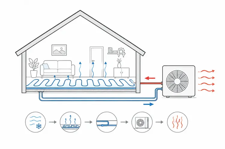 Schematische Infografik zur Kühlung mit einer Fußbodenheizung und Wärmepumpe: Kühles Wasser zirkuliert durch die Rohrleitungen im Boden, nimmt Wärme aus dem Raum auf und transportiert sie zur Wärmepumpe. Diese gibt die aufgenommene Wärme nach außen ab.